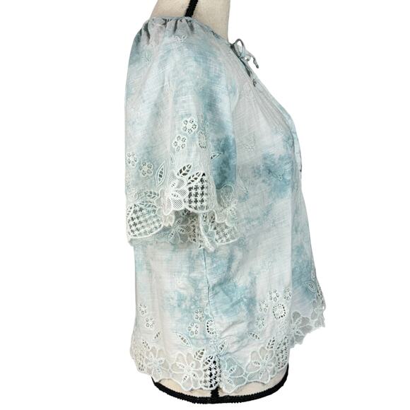 Anthropologie X-Small Top Tie-Dye Floral Embroidered Keyhole V-Neck Eyelet Lace - Picture 5 of 12